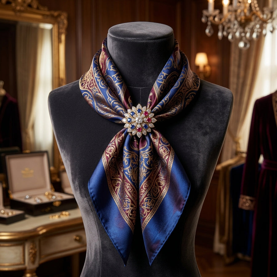 Royal French Knot Silk Scarf with Vintage Diamond-Embellished Brooch Ring
