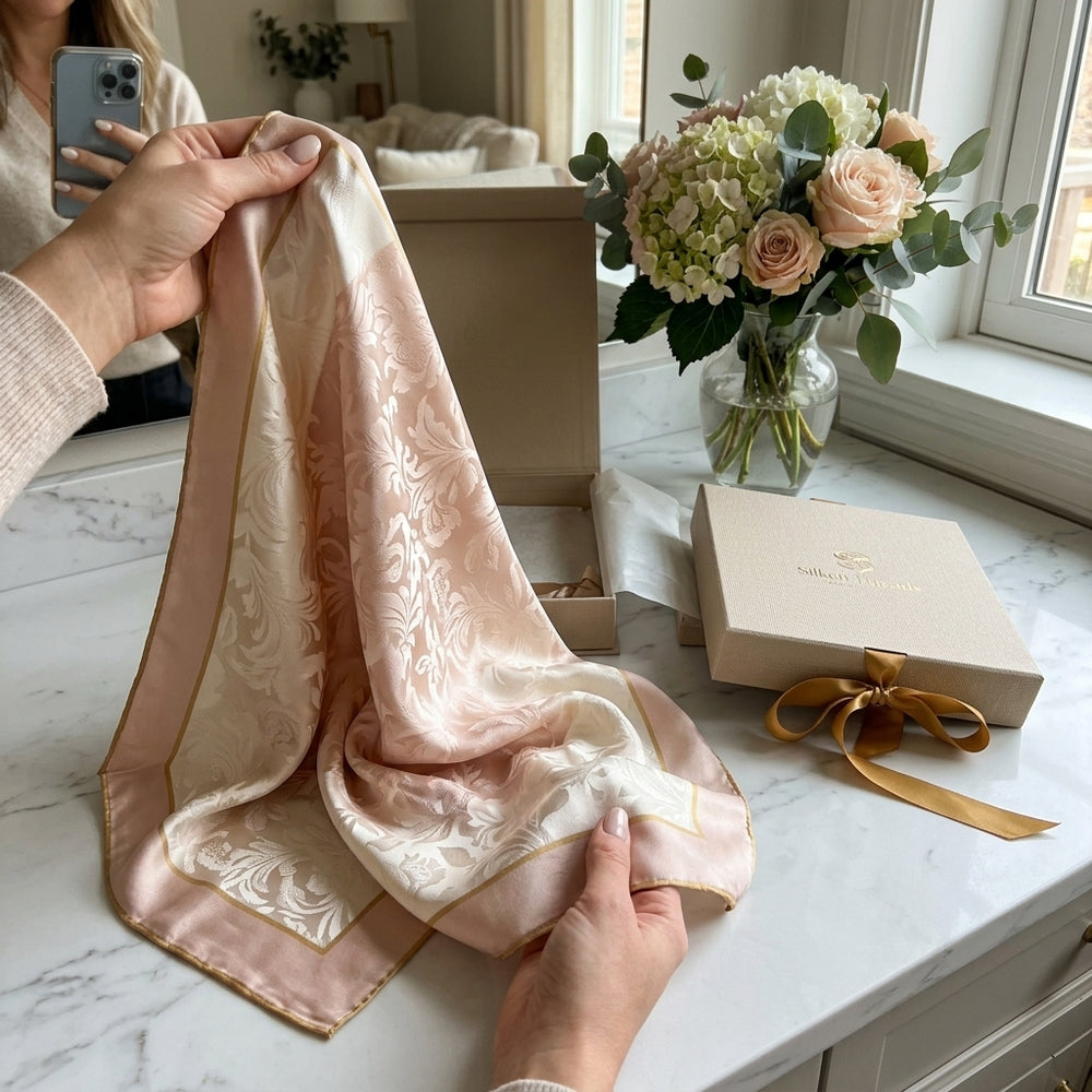 Pure Mulberry Silk Knot Scarf in Champagne & Blush Seeding 2