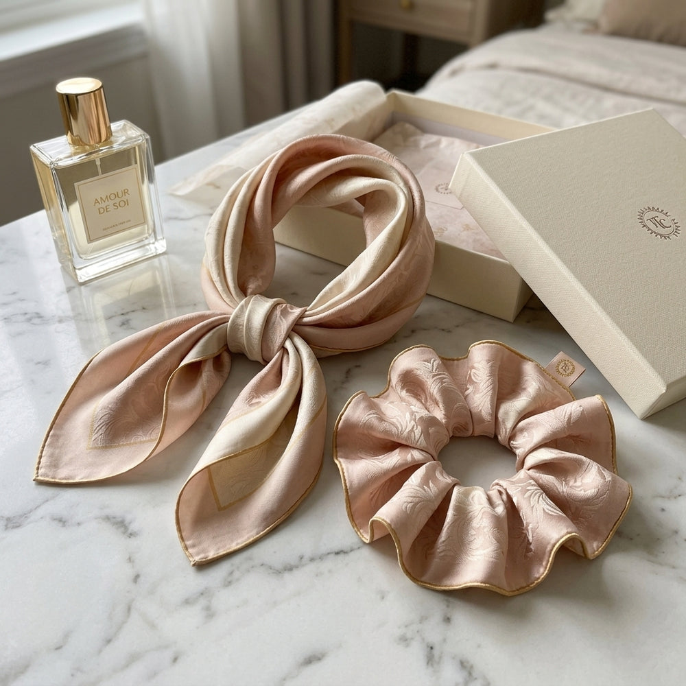 Blush Damask Silk Scarf & Matching Scrunchie Set Seeding 2