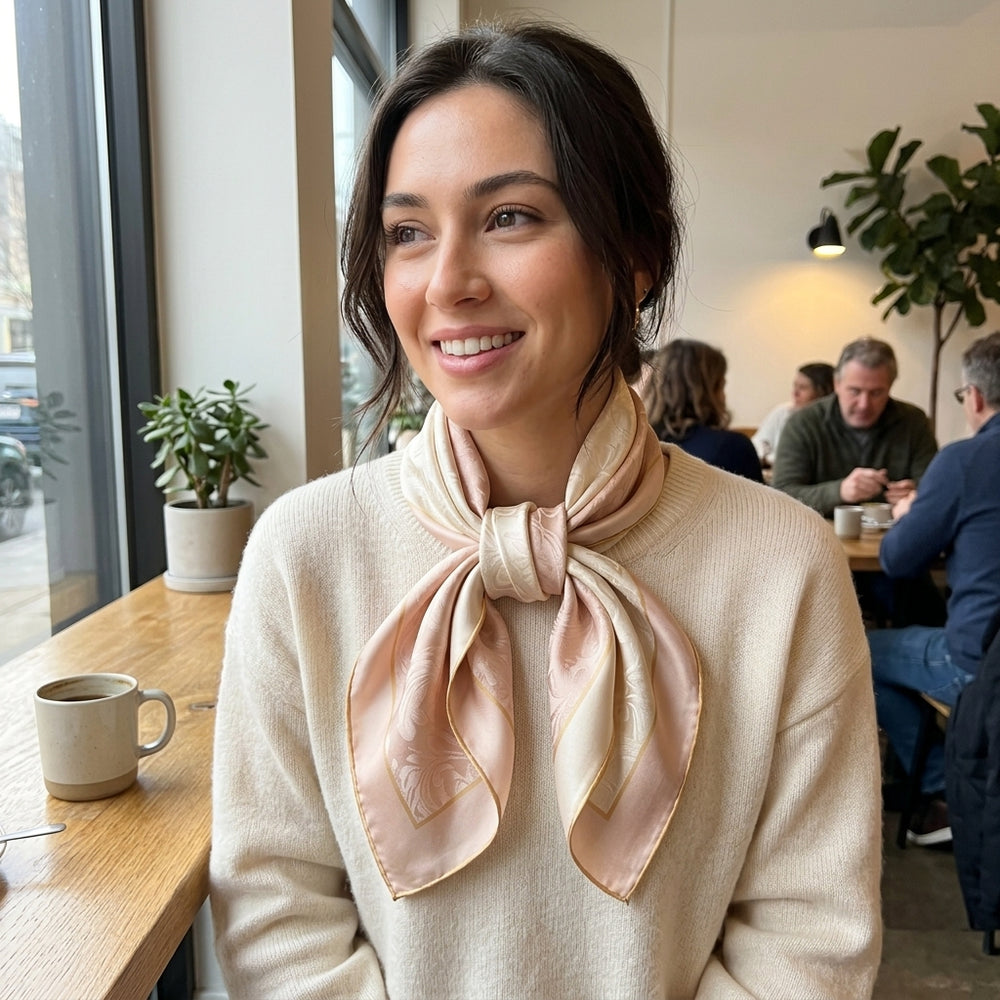Pure Mulberry Silk Knot Scarf in Champagne & Blush Seeding 1