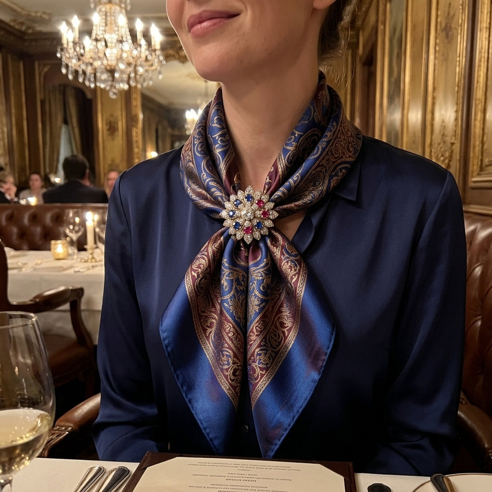 Royal French Knot Silk Scarf with Vintage Diamond-Embellished Brooch Ring Seeding 2