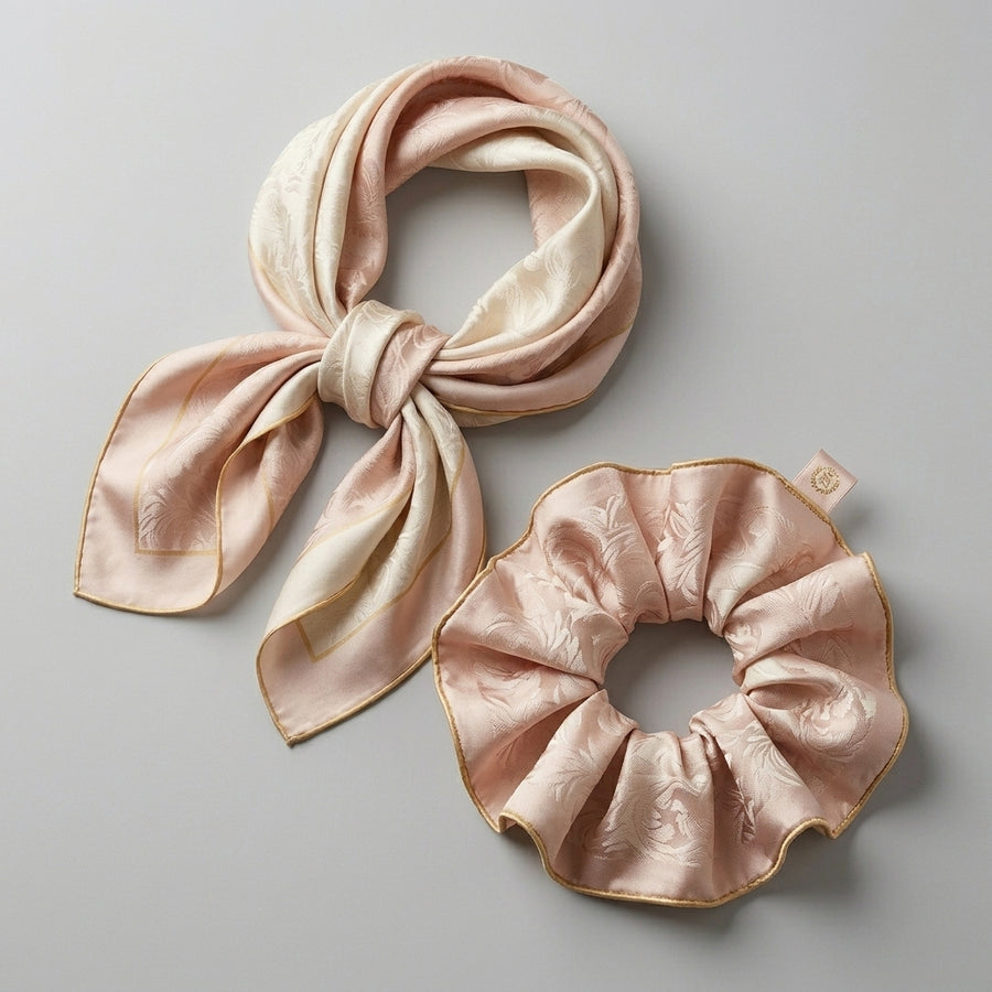 Blush Damask Silk Scarf & Matching Scrunchie Set